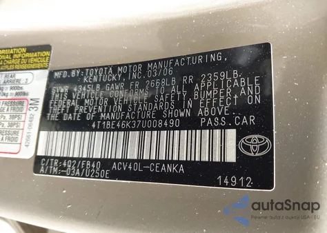 2007 Toyota Camry Le z USA, uszkodzony, nr VIN 4T1BE46K37U008490